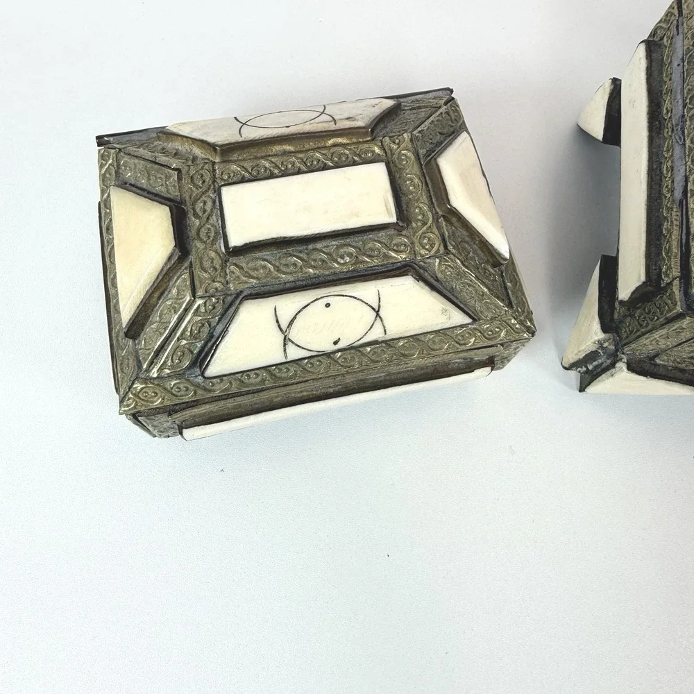 Antique Trinket Boxes Made Of Camel Bone And‎ Brass Set Of 2